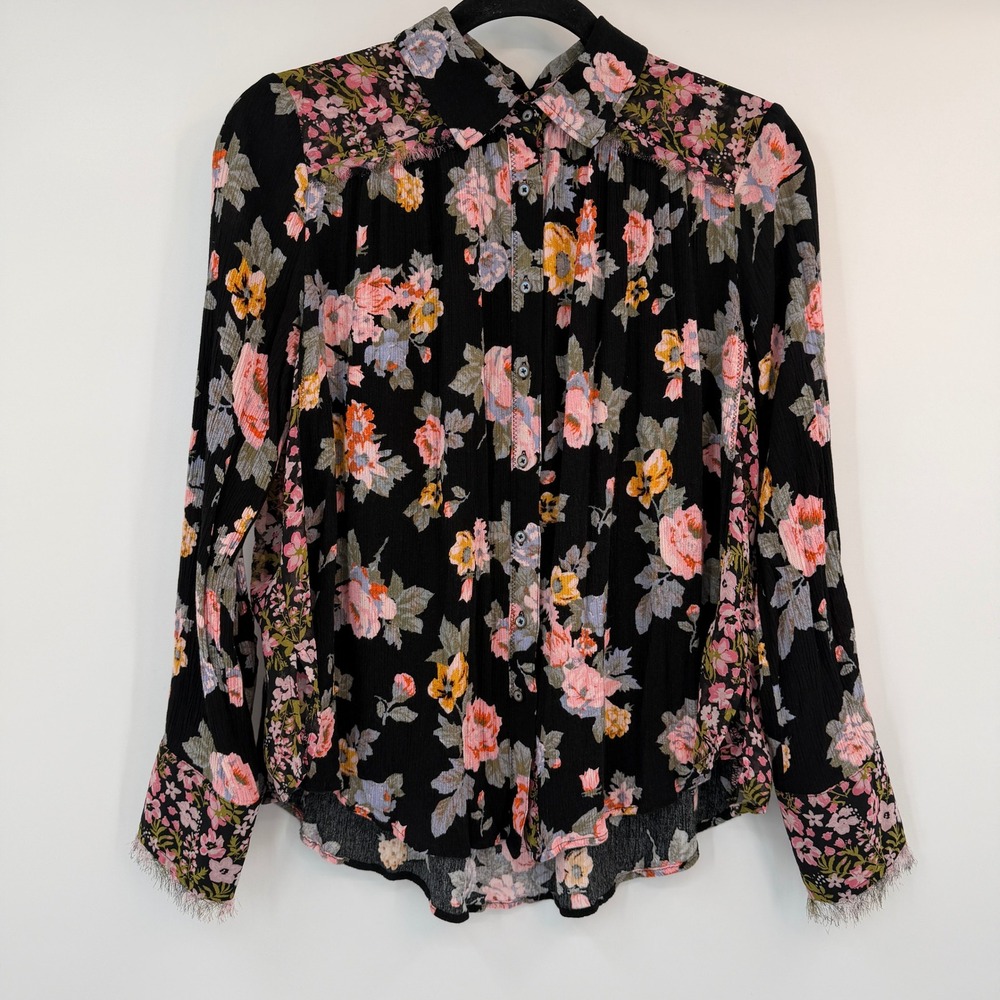 Free People Mixed Floral Fringe Trim Button Down Blouse Black Pink Small Cottage